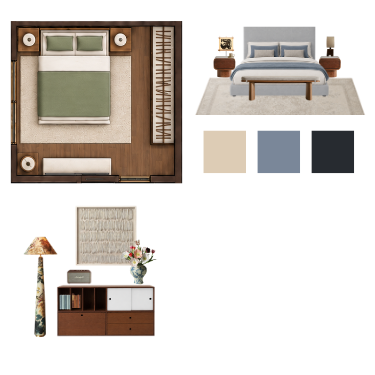 Planta de layout humanizada combinada com moodboard dos móveis que compõe a proposta de design