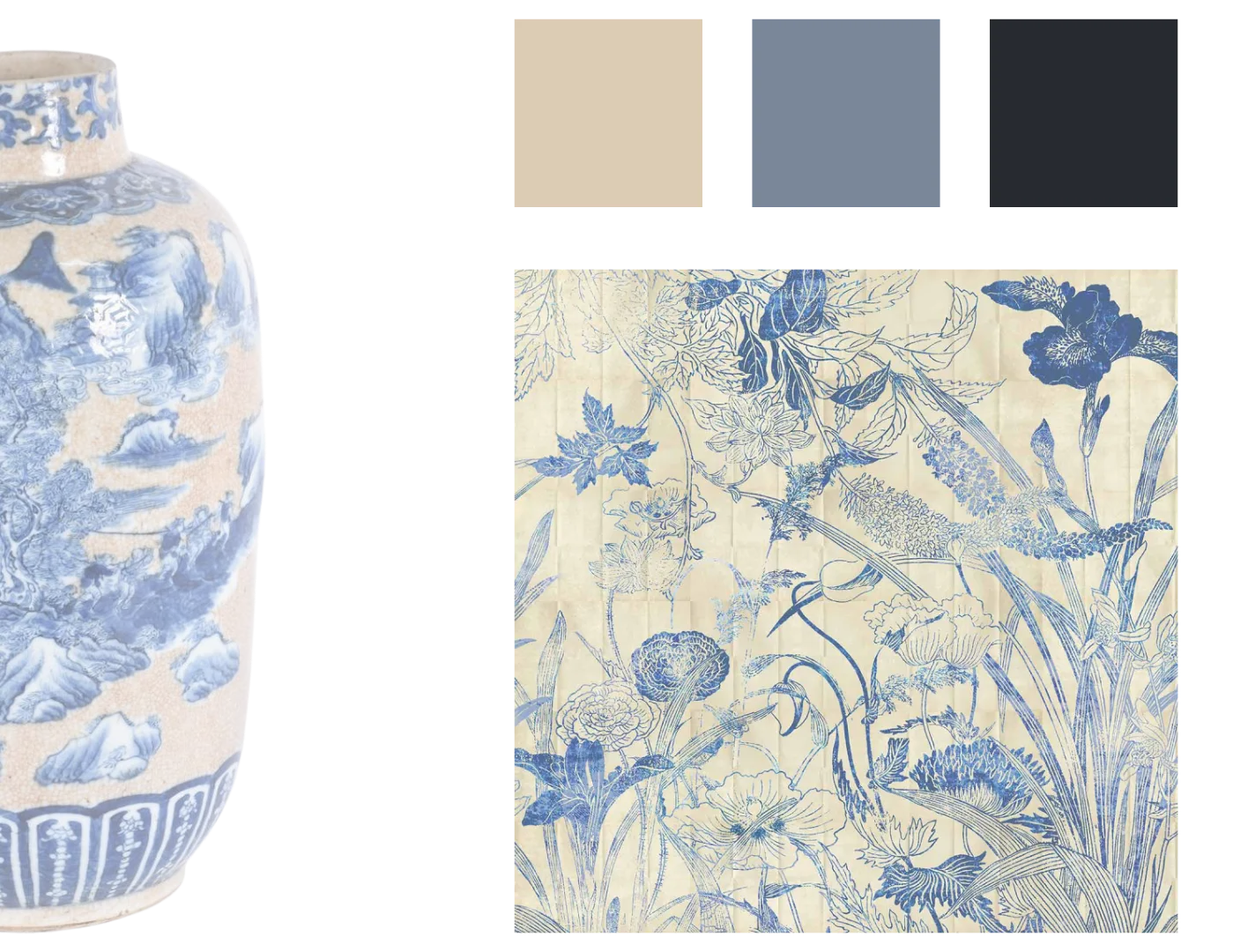 Papel de parede com motivos florais e paleta de cores inspirada na cerâmica chinesa