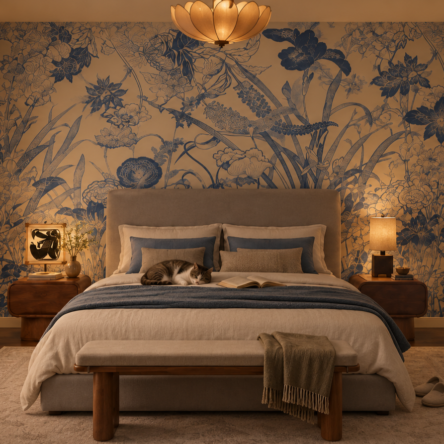 Quarto com cama central, papel de parede floral e marcenaria em madeira escura.